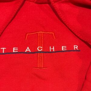 Red Teacher Embroidered Hoodie with Drawstring Hood